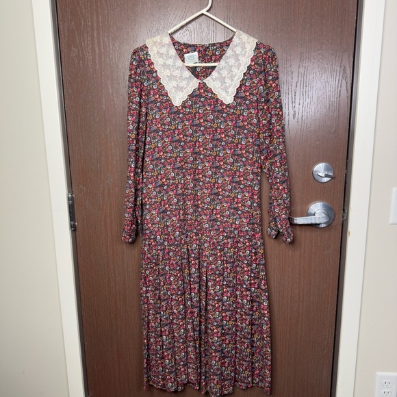 LAURA ASHLEY Midi Dress Vintage Floral Drop Waist Lace Collar - Picture 1 of 5